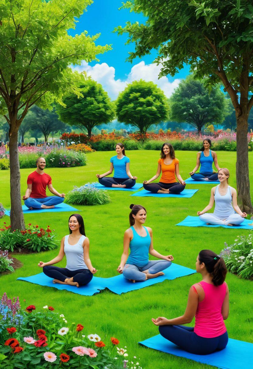 A serene scene illustrating a diverse group of people engaging in joyful activities such as yoga in a park, enjoying a therapy session, and partaking in community gardening, all in a lush, green environment under a bright blue sky. Incorporate elements like smiling faces, medical symbols subtly blended, and bright flowers to symbolize well-being. The atmosphere should feel uplifting and optimistic, inviting viewers to embrace happiness through healthcare. vibrant colors. super-realistic. soft focus.