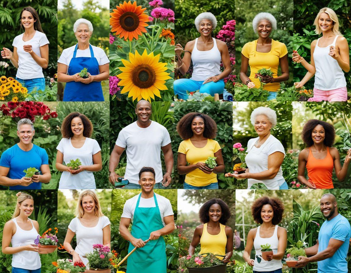 A vibrant collage showcasing a diverse group of people engaging in healthy activities like gardening, cooking, and exercising together, surrounded by lush greenery and bright flowers, symbolizing community and well-being. Include elements like a sun shining brightly in the background and cheerful expressions on their faces. The scene should convey happiness, unity, and vitality. super-realistic. vibrant colors. white background.