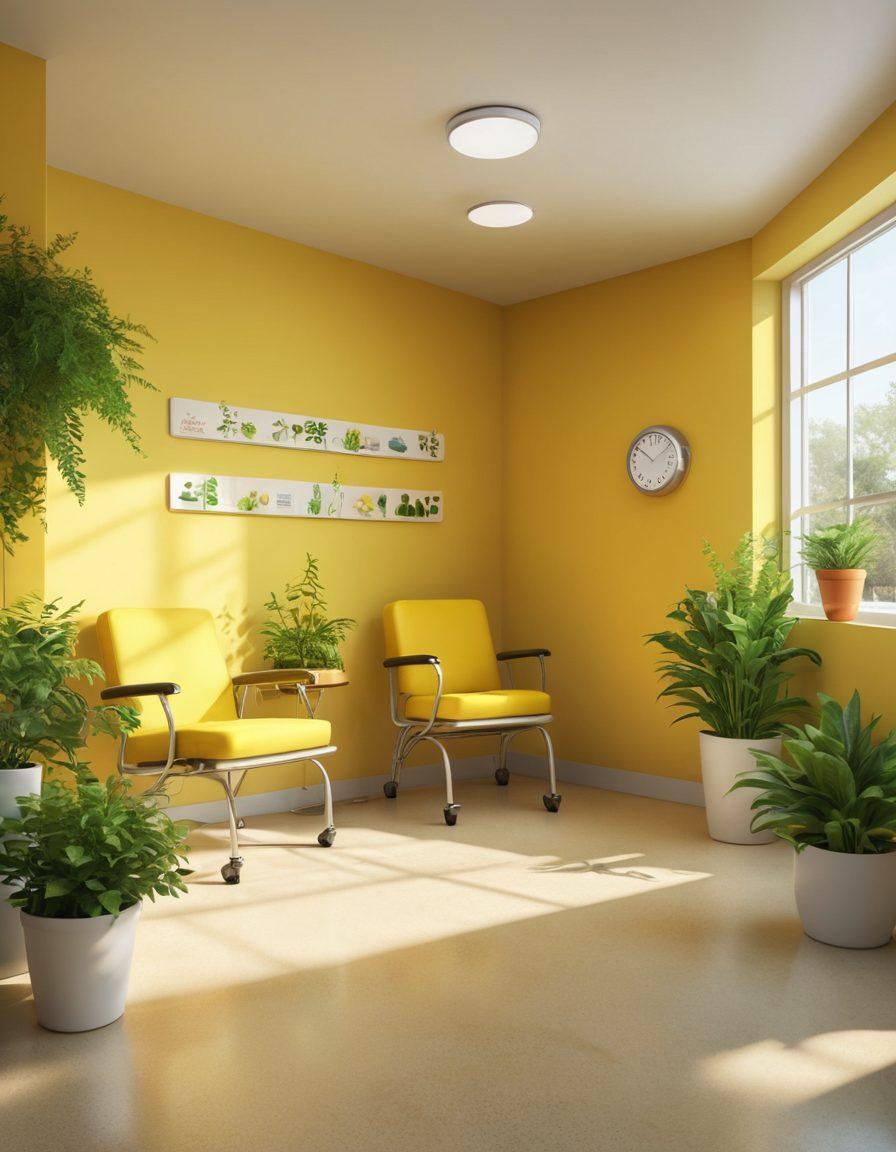 A serene healthcare environment filled with smiling nurses and patients interacting positively, showcasing compassion and care. Include elements of bright colors like yellow and green to evoke cheerfulness, plants for freshness, and uplifting quotes on the walls. The scene should reflect a sense of tranquility and optimism in patient care. super-realistic. vibrant colors. 3D.